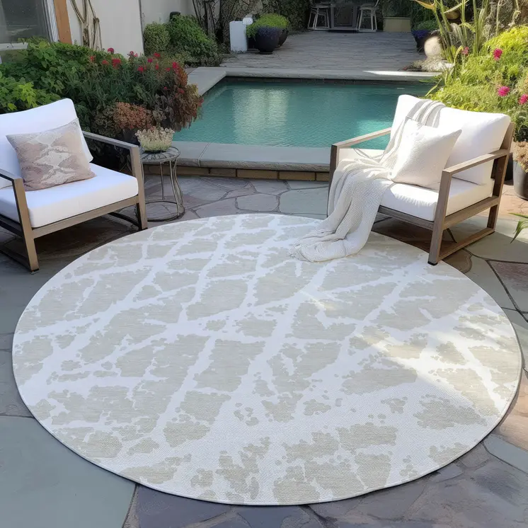 8' Round Beige and Ivory Round Abstract Washable Non Skid Indoor Outdoor Area Rug