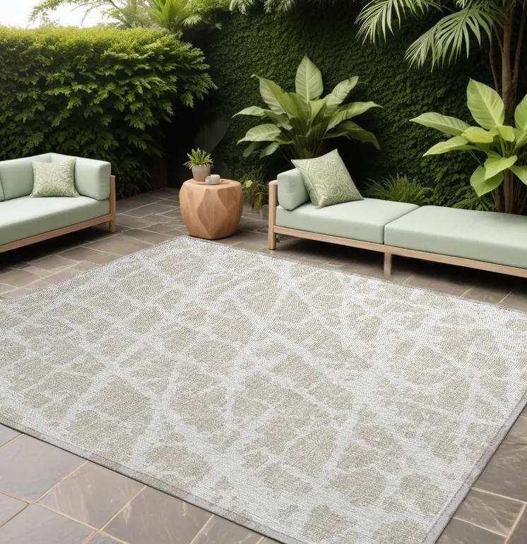 8' X 10' Beige and Ivory Abstract Washable Non Skid Indoor Outdoor Area Rug