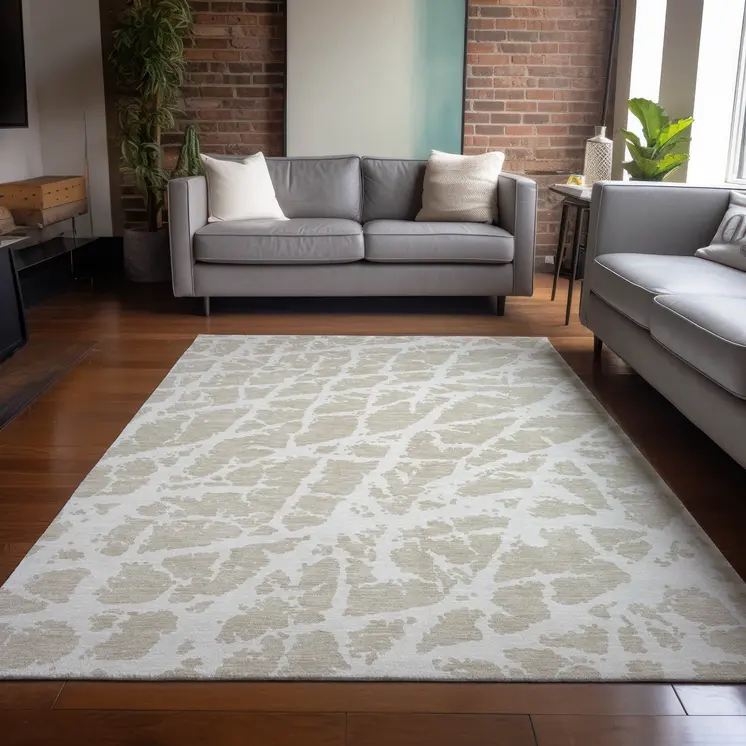 8' X 10' Beige and Ivory Abstract Washable Non Skid Indoor Outdoor Area Rug