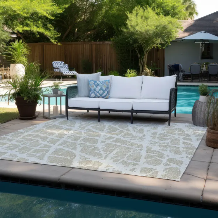 9' X 12' Beige and Ivory Abstract Washable Non Skid Indoor Outdoor Area Rug