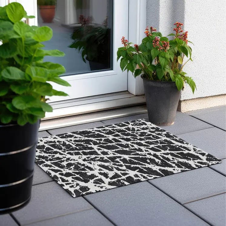 2' X 3' Black and White Abstract Washable Non Skid Indoor Outdoor Area Rug