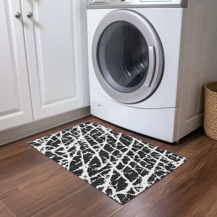 2' X 3' Black and White Abstract Washable Non Skid Indoor Outdoor Area Rug