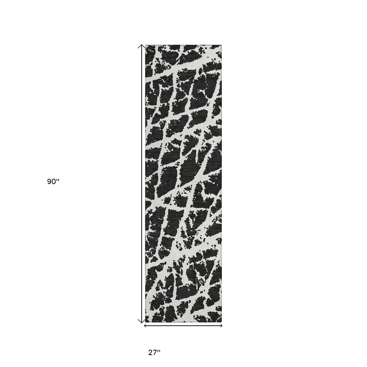 8' Runner Black and White Abstract Washable Non Skid Indoor Outdoor Runner Rug