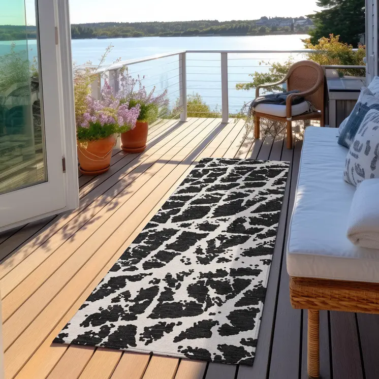 8' Runner Black and White Abstract Washable Non Skid Indoor Outdoor Runner Rug