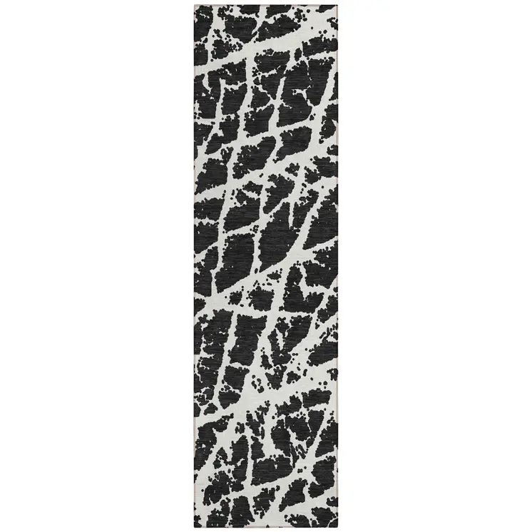 8' Runner Black and White Abstract Washable Non Skid Indoor Outdoor Runner Rug