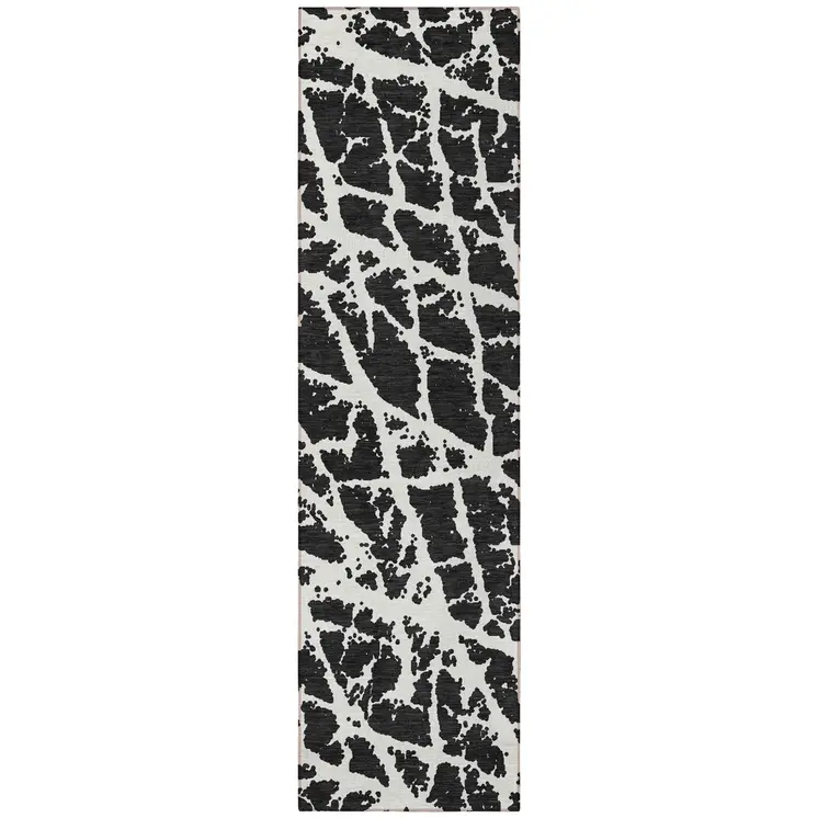 8' Runner Black and White Abstract Washable Non Skid Indoor Outdoor Runner Rug