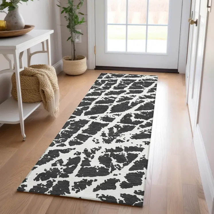 8' Runner Black and White Abstract Washable Non Skid Indoor Outdoor Runner Rug