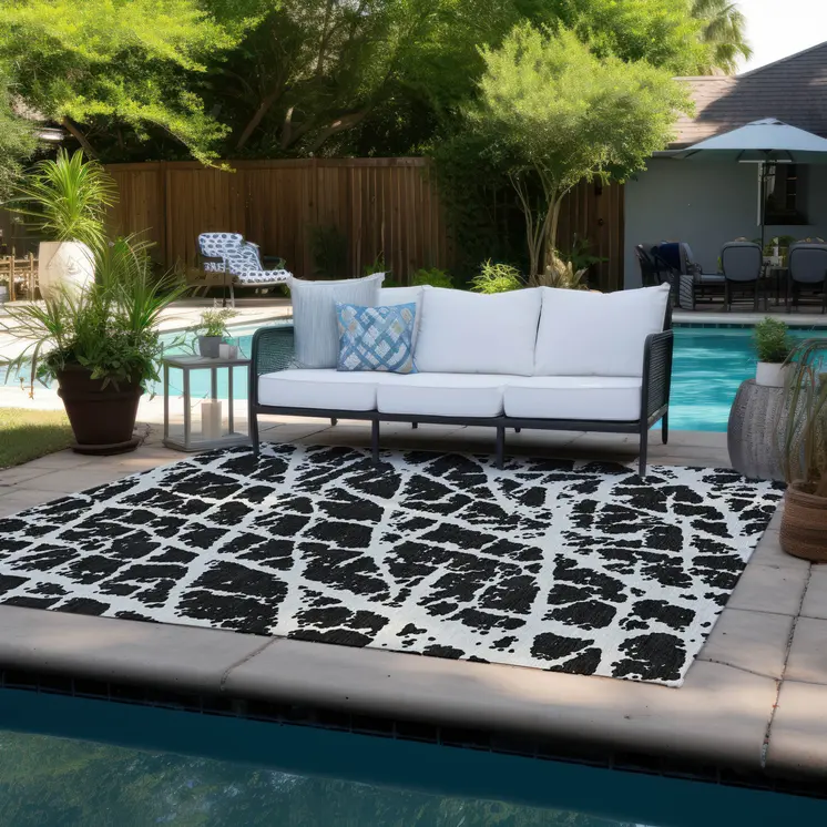 3' X 5' Black and White Abstract Washable Non Skid Indoor Outdoor Area Rug