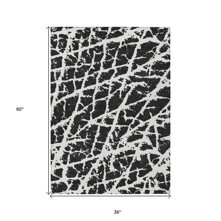 3' X 5' Black and White Abstract Washable Non Skid Indoor Outdoor Area Rug
