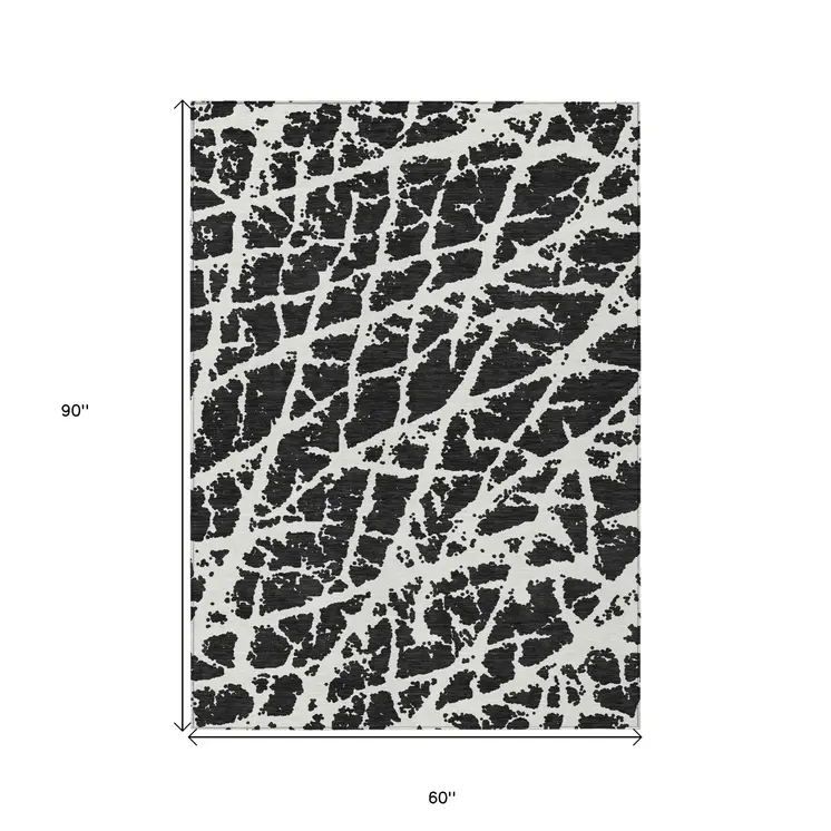 5' X 8' Black and White Abstract Washable Non Skid Indoor Outdoor Area Rug