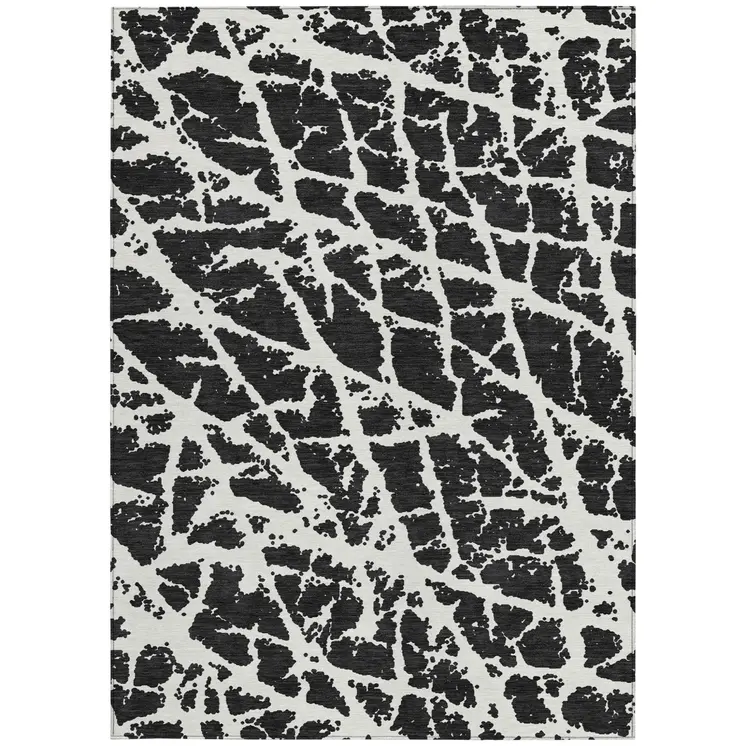 5' X 8' Black and White Abstract Washable Non Skid Indoor Outdoor Area Rug