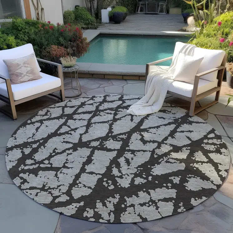 8' Round Black and White Round Abstract Washable Non Skid Indoor Outdoor Area Rug