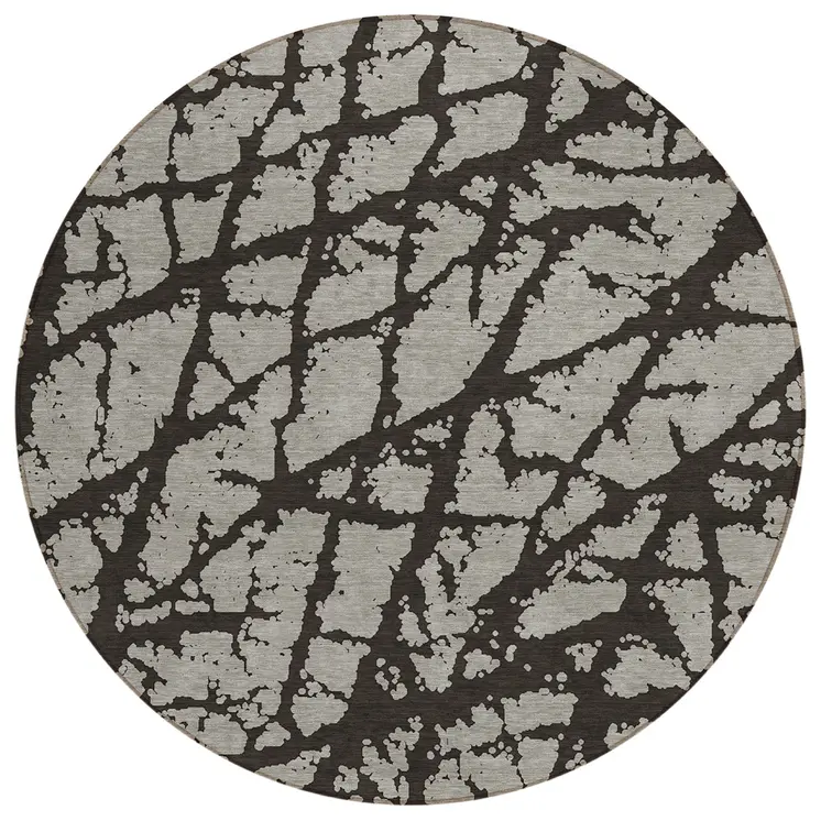 8' Round Black and White Round Abstract Washable Non Skid Indoor Outdoor Area Rug