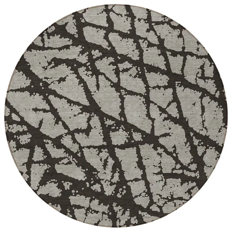 8' Round Black and White Round Abstract Washable Non Skid Indoor Outdoor Area Rug