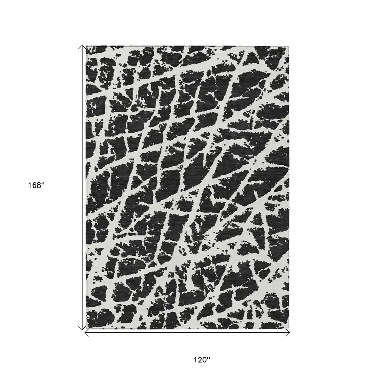 10' X 14' Black and White Abstract Washable Non Skid Indoor Outdoor Area Rug