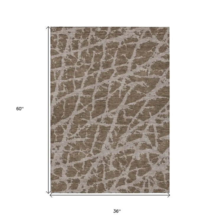 3' X 5' Brown Abstract Washable Non Skid Indoor Outdoor Area Rug