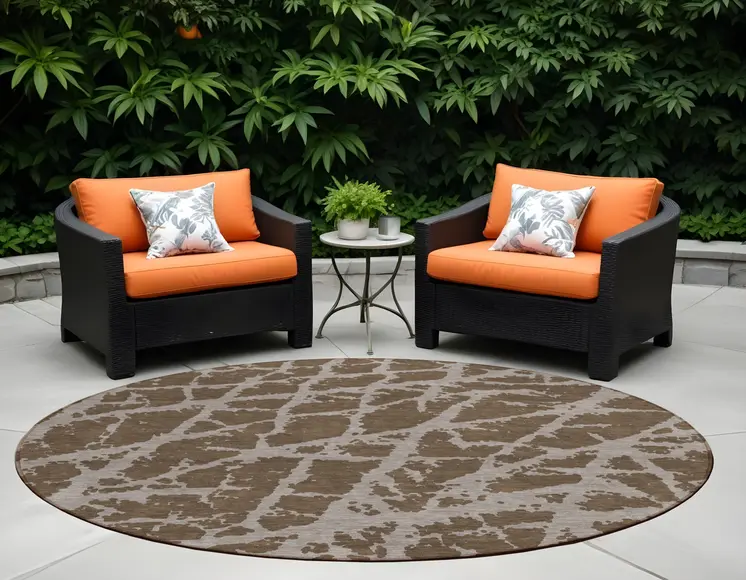 8' Round Brown Round Abstract Washable Non Skid Indoor Outdoor Area Rug