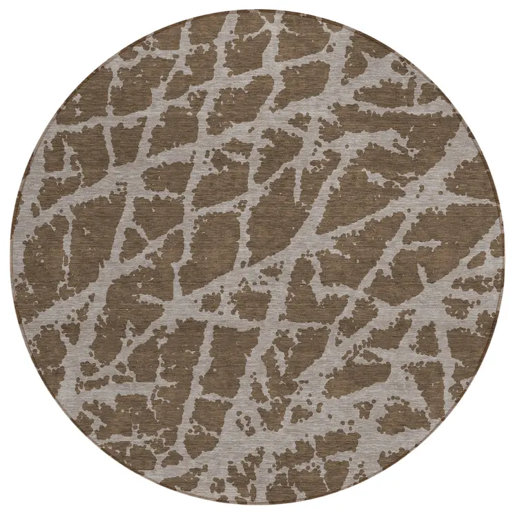 8' Round Brown Round Abstract Washable Non Skid Indoor Outdoor Area Rug