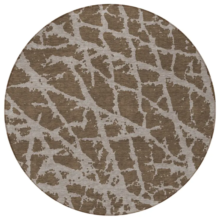 8' Round Brown Round Abstract Washable Non Skid Indoor Outdoor Area Rug