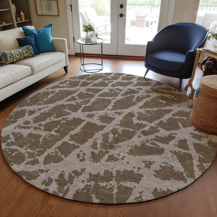8' Round Brown Round Abstract Washable Non Skid Indoor Outdoor Area Rug