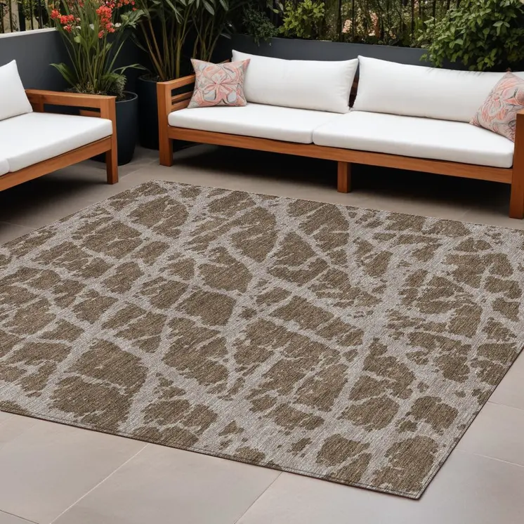 8' X 10' Brown Abstract Washable Non Skid Indoor Outdoor Area Rug