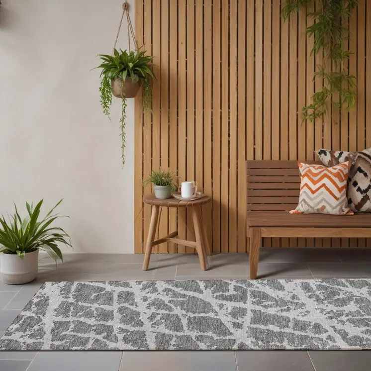 8' Runner Charcoal Abstract Washable Non Skid Indoor Outdoor Runner Rug