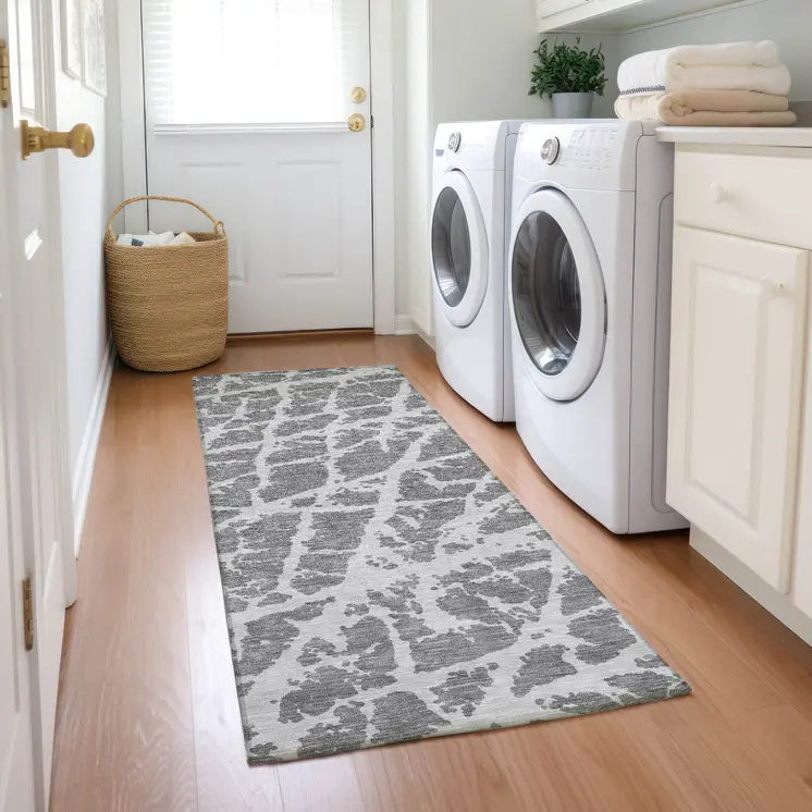 8' Runner Charcoal Abstract Washable Non Skid Indoor Outdoor Runner Rug