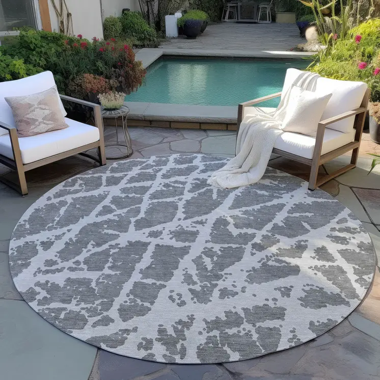 8' Round Charcoal Round Abstract Washable Non Skid Indoor Outdoor Area Rug
