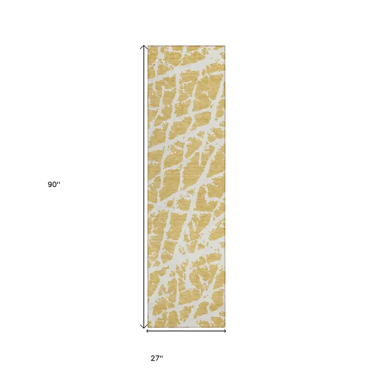 8' Runner Gold and White Abstract Washable Non Skid Indoor Outdoor Runner Rug