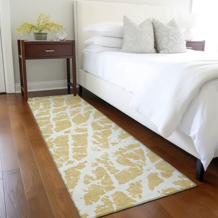 8' Runner Gold and White Abstract Washable Non Skid Indoor Outdoor Runner Rug
