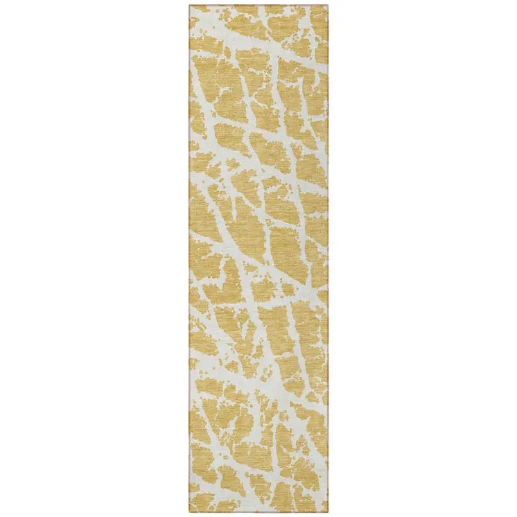 8' Runner Gold and White Abstract Washable Non Skid Indoor Outdoor Runner Rug