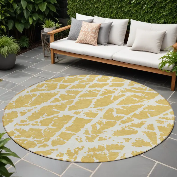 8' Round Gold and White Round Abstract Washable Non Skid Indoor Outdoor Area Rug