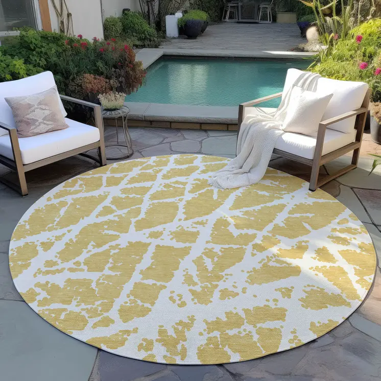 8' Round Gold and White Round Abstract Washable Non Skid Indoor Outdoor Area Rug