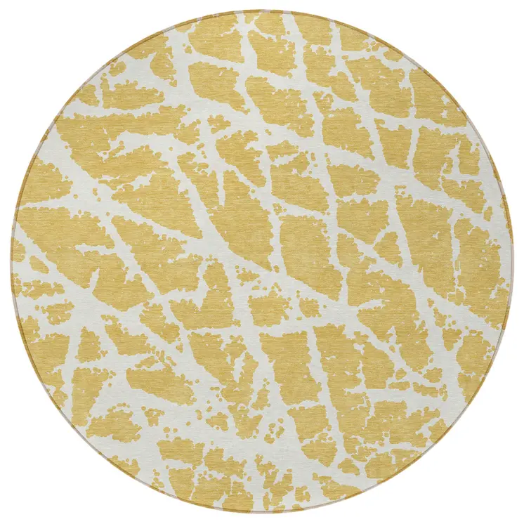 8' Round Gold and White Round Abstract Washable Non Skid Indoor Outdoor Area Rug