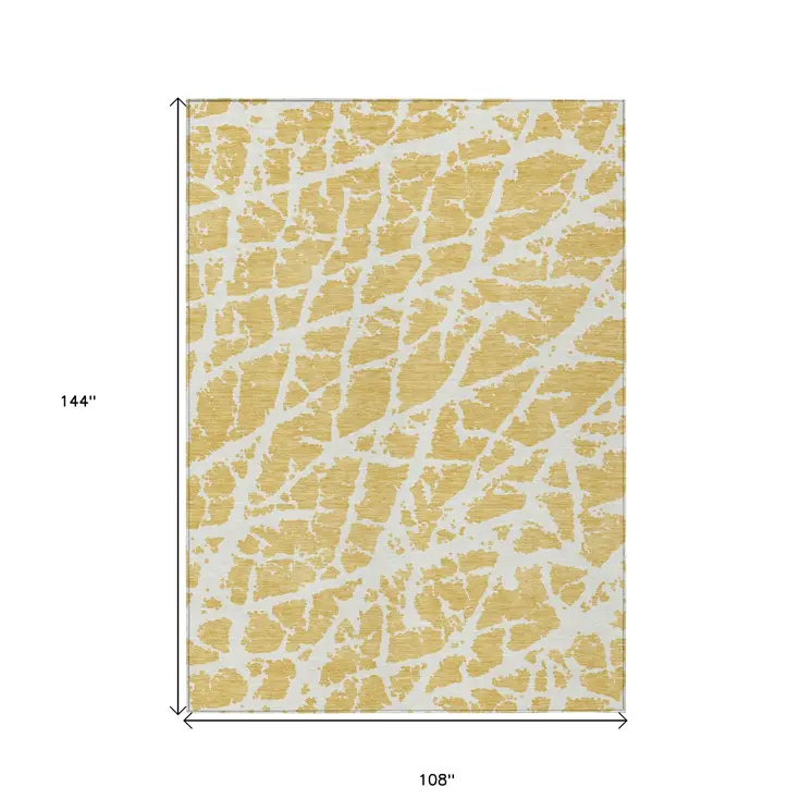9' X 12' Gold and White Abstract Washable Non Skid Indoor Outdoor Area Rug
