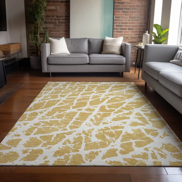 10' X 14' Gold and White Abstract Washable Non Skid Indoor Outdoor Area Rug
