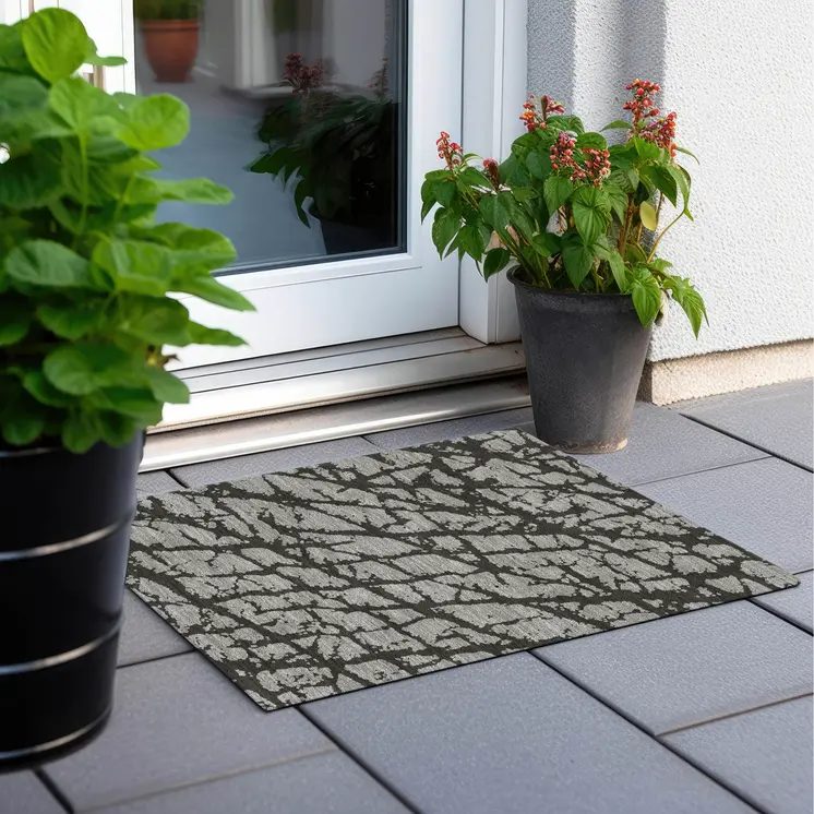 2' X 3' Gray and Black Abstract Washable Non Skid Indoor Outdoor Area Rug