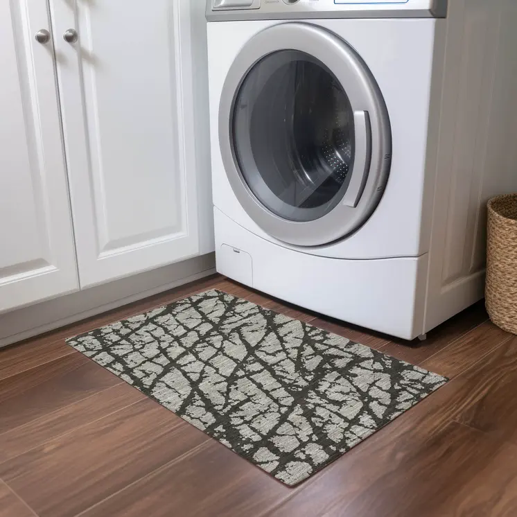 2' X 3' Gray and Black Abstract Washable Non Skid Indoor Outdoor Area Rug