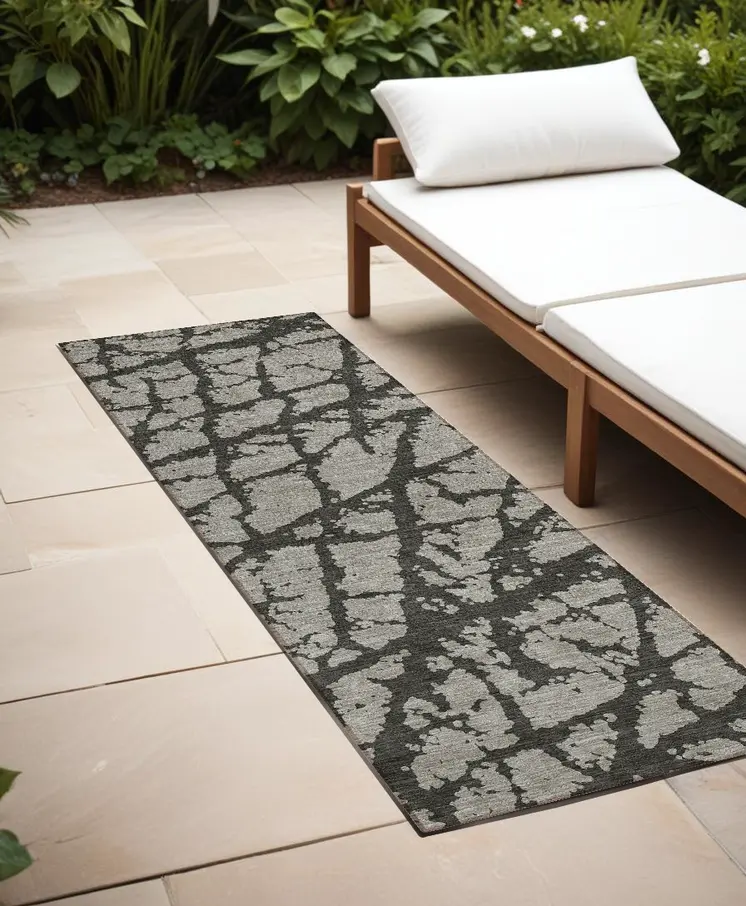 8' Runner Gray and Black Abstract Washable Non Skid Indoor Outdoor Runner Rug