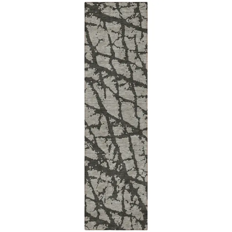 8' Runner Gray and Black Abstract Washable Non Skid Indoor Outdoor Runner Rug