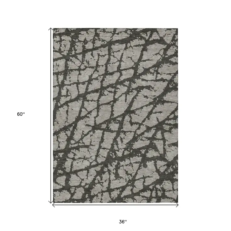 3' X 5' Gray and Black Abstract Washable Non Skid Indoor Outdoor Area Rug