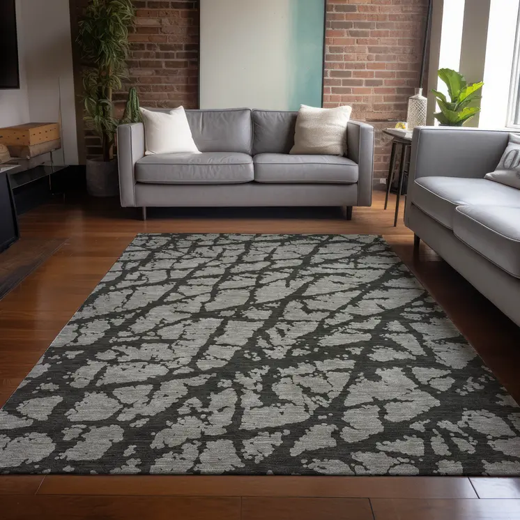 3' X 5' Gray and Black Abstract Washable Non Skid Indoor Outdoor Area Rug