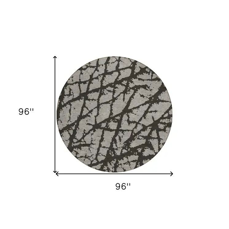 8' Round Gray and Black Round Abstract Washable Non Skid Indoor Outdoor Area Rug