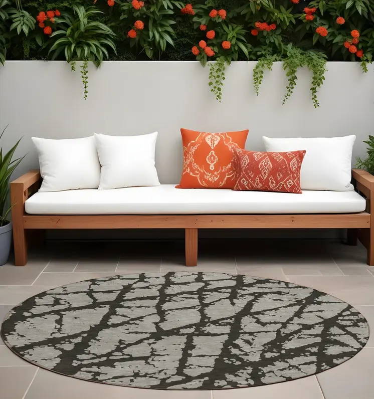 8' Round Gray and Black Round Abstract Washable Non Skid Indoor Outdoor Area Rug