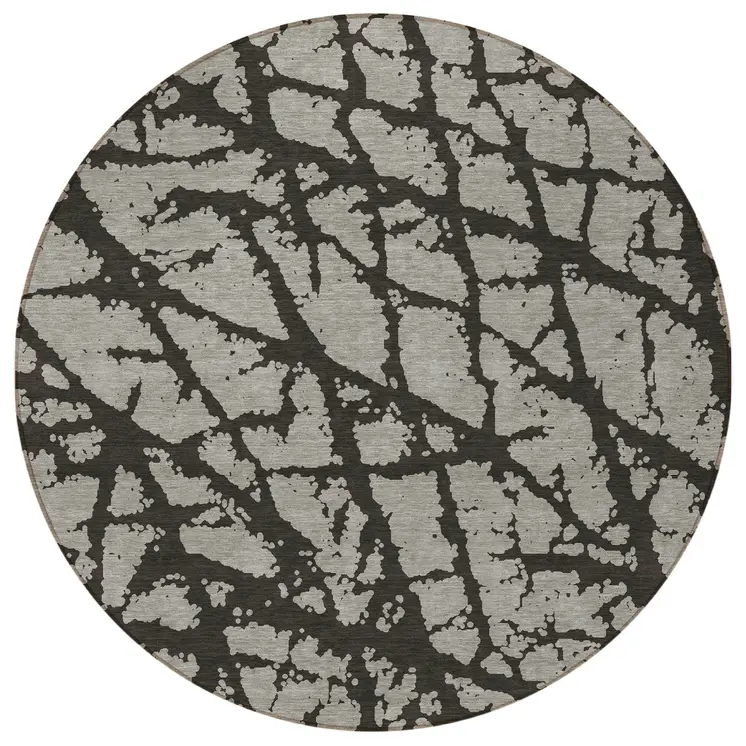 8' Round Gray and Black Round Abstract Washable Non Skid Indoor Outdoor Area Rug