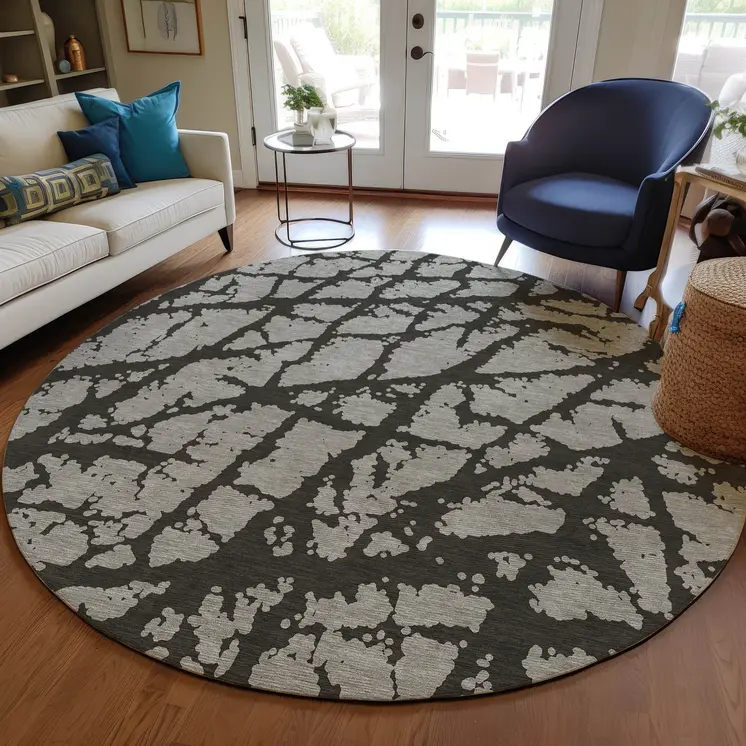 8' Round Gray and Black Round Abstract Washable Non Skid Indoor Outdoor Area Rug