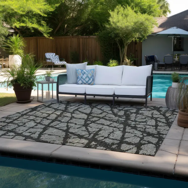 8' X 10' Gray and Black Abstract Washable Indoor Outdoor Area Rug