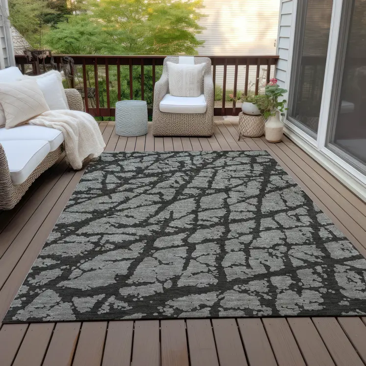 9' X 12' Gray and Black Abstract Washable Non Skid Indoor Outdoor Area Rug