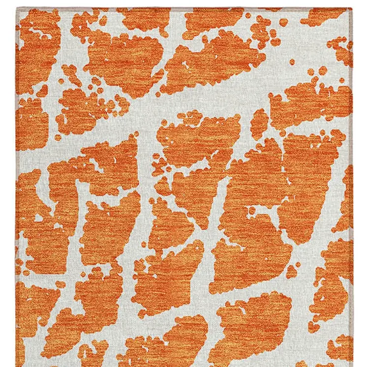 8' Runner Orange and White Abstract Washable Non Skid Indoor Outdoor Runner Rug