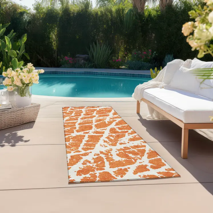 8' Runner Orange and White Abstract Washable Non Skid Indoor Outdoor Runner Rug